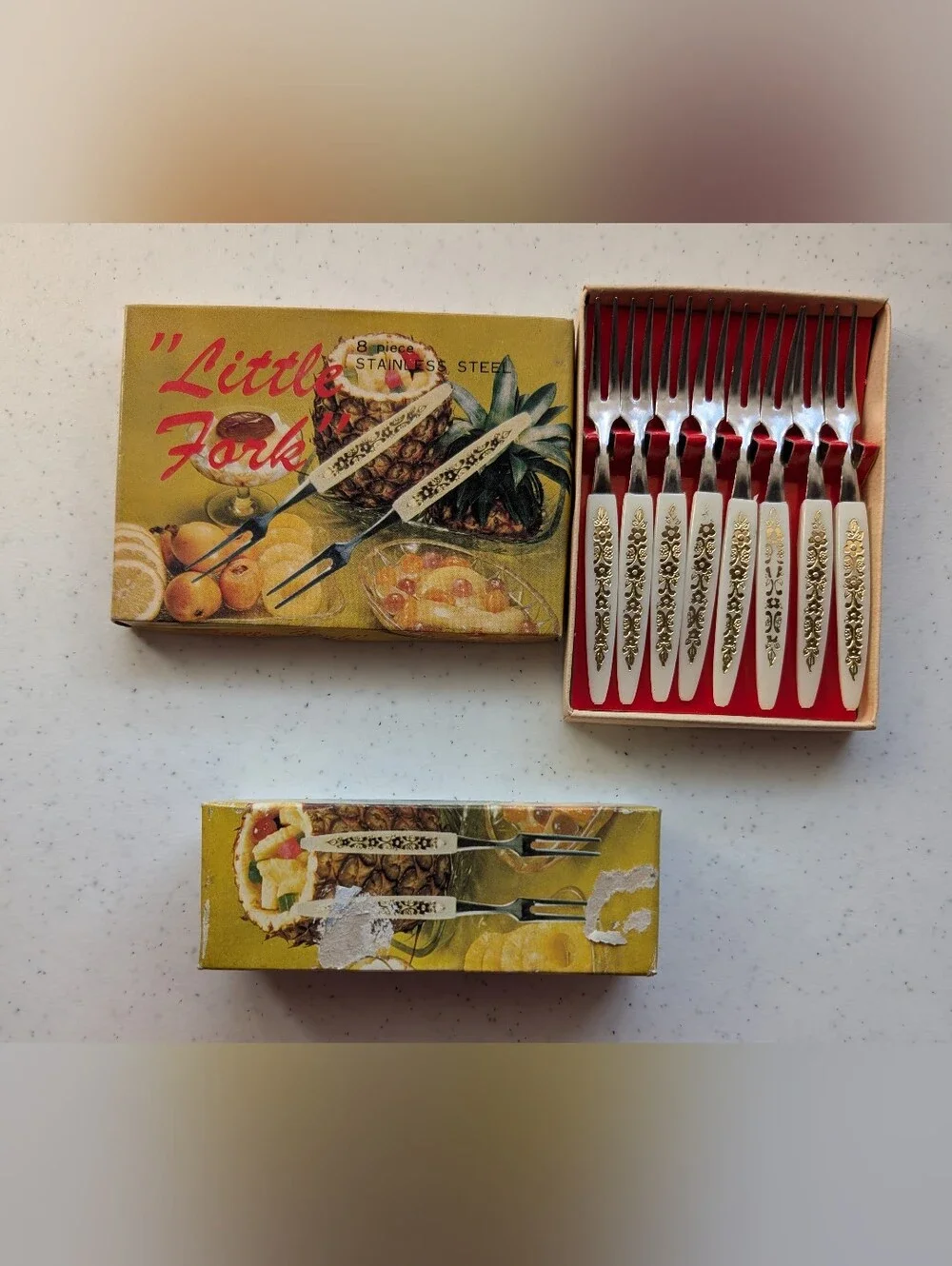 2 Vintage Sets Stainless Steel Cocktail Little Forks MCM Multicolor Charcuterie